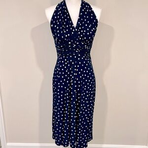 Midi halter dress. Navy w/ white dots. Comfortable, never wrinkles w/ travel! 4P